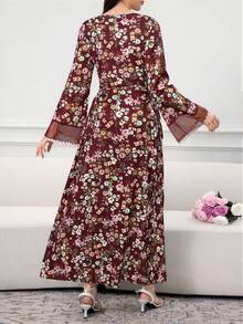Al Najma Women's Elegant Floral Print Contrast Mesh Dress, Autumn - Burgundy - View 5
