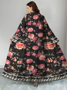 SHEIN Najma Conjunto informal de estilo árabe con estampado de flores y plantas con silueta a rayas de manga larga para mujer, primavera/otoño - Multicolor - Ver 2