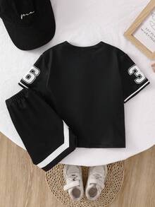 SHEIN Playful Pals Baby Boy Fashion Street Sports Baseball Jacket, Football Jersey, Basketball Jersey Style Jacket & Shorts Set, Baby Sports Outfit, Spring/Summer Set Baby Street Wear Baby Basketball Jersey Baby Boy Clothes Letterman Los Angeles Baby Boy Jersey Toddler Baseball Outfit - Black and White - View 2