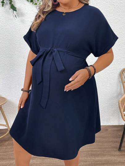 SHEIN Plus Size Pregnant Women's Casual Solid Color Round Neck Short Sleeve Dress, Summer