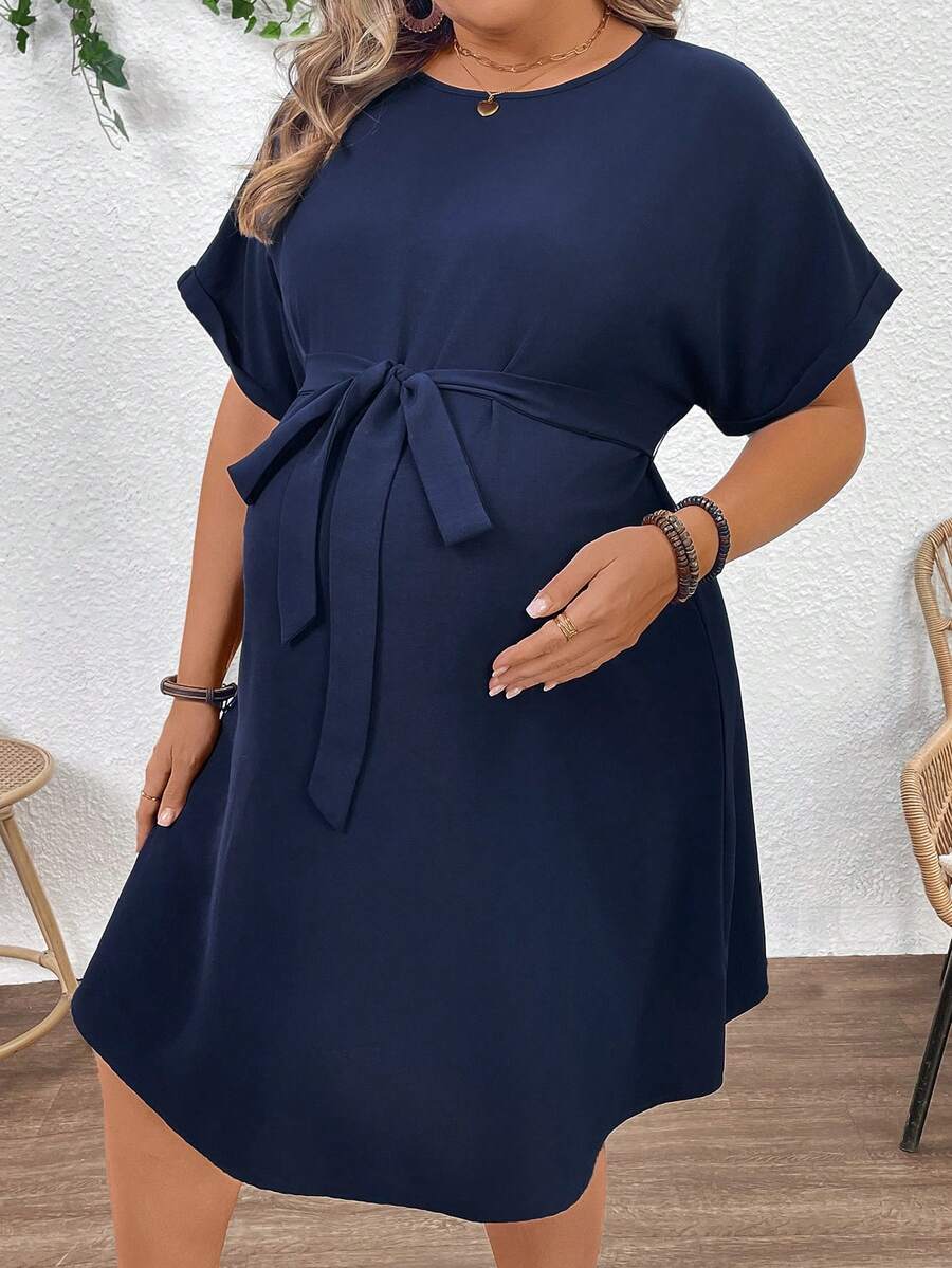 Plussiva Gaun Kasual Lengan Pendek Leher Bulat Warna Polos untuk Wanita Hamil Ukuran Besar, Musim Panas - Navy Blue - View 1