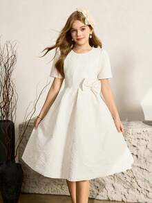 少女高端提花圆领水钻链条短袖蝴蝶结前褶短裙，适合婚礼、舞会、生日派对、宴会等场合。 - 白色 - 查看 5