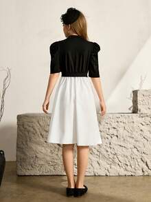 Girls' Elegant Bubble Short Sleeve Dress, Summer - Black - View 2