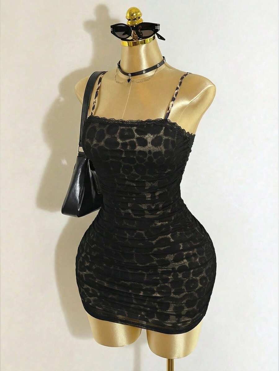 Mistrie 女士新款性感无袖抹胸豹纹褶皱网纱吊带短裙，YK2少女连衣裙 - 黑色 - 查看 1
