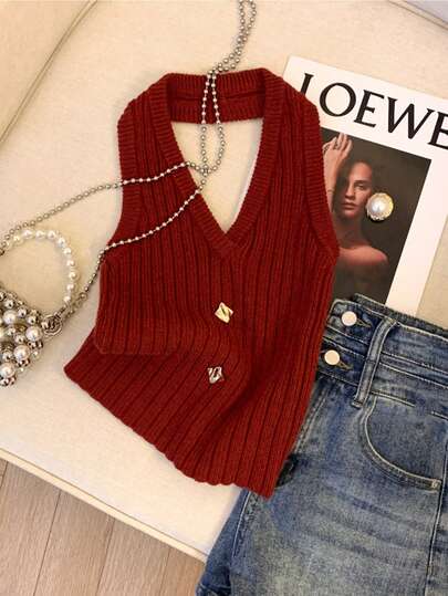 INAWLY Women's Solid Color Sleeveless Ribbed Casual Knit Top