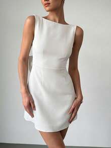 Firerie Đầm mini đỏ thanh lịch mới, thiết kế hở lưng gợi cảm với nơ, thích hợp cho kỳ nghỉ của phụ nữ, trang phục dự tiệc cưới/đầm dự tiệc cô dâu/đầm trắng; đầm chống nắng hở lưng buộc dây - trắng - Xem 2