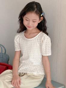 DAZY Áo thun dệt kim tay ngắn cổ tròn dáng phồng cho bé gái tuổi teen, thích hợp mặc mùa thu hè. - Màu be - Xem 4