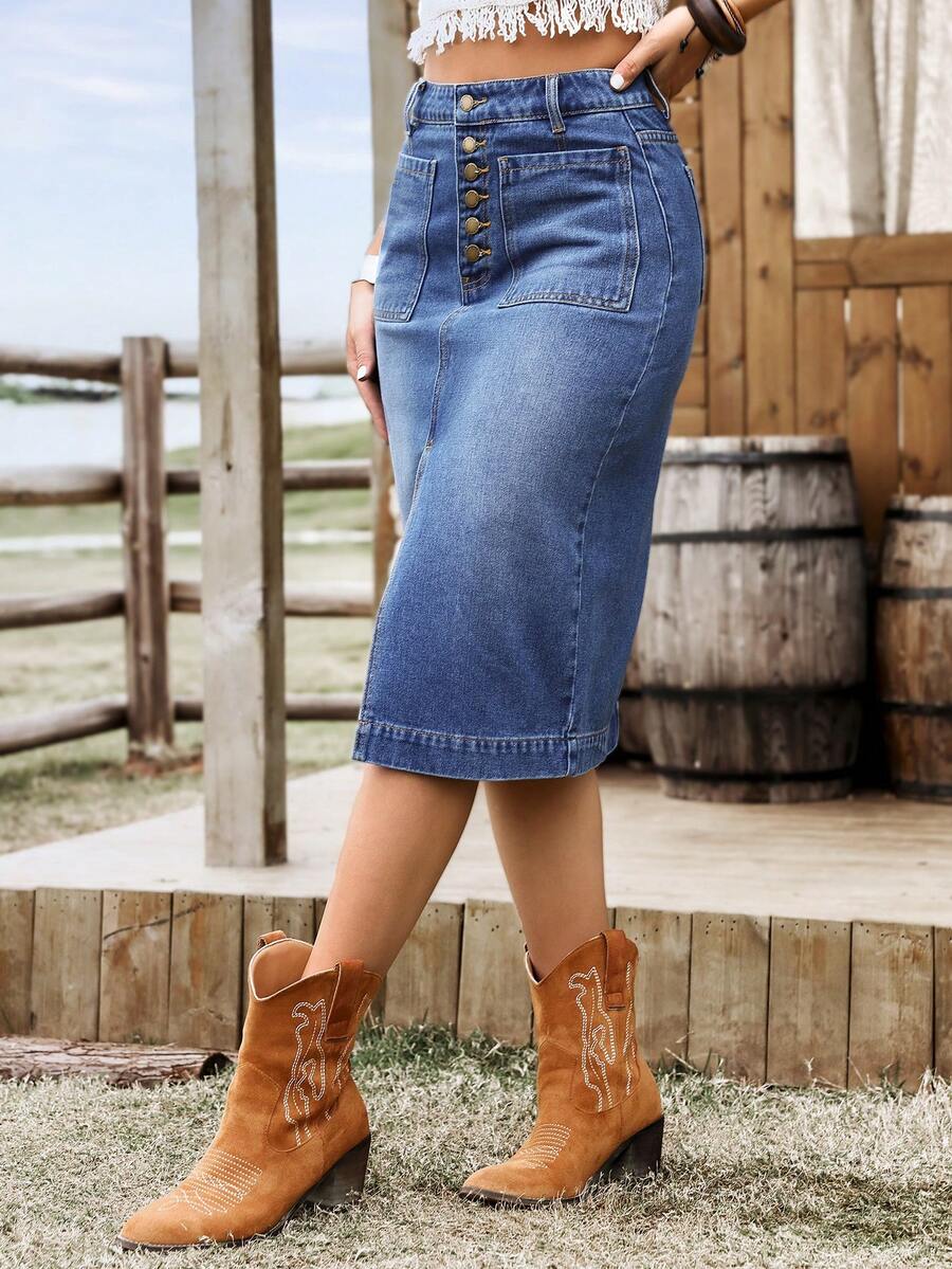SHEIN Tall Falda vaquera casual de media longitud con abertura y botones frontales para mujer - Azul - Ver 1