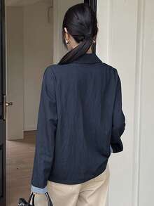 Livesso 女士休闲撞色V领二合一衬衫 - 藏蓝色 - 查看 2