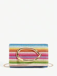 SHEIN SXY 女士手拿包、斜挎包，时尚、优雅、简约、个性化、百搭、经典，编织压纹PU材质，大号五金搭扣装饰，适合通勤、办公、约会、日常、购物、下午茶等场合，时尚女士手拿包 - 杏色 - 查看 3