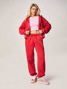 Missguided x Playboy Quần jogger ống rộng cạp cao in hình trái tim Valentine, có chun co giãn và dây rút ở mắt cá chân. - Đỏ - Xem 3