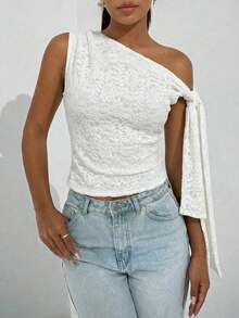 Firerie 女士优雅浪漫时尚通勤性感优雅风格，适合派对、度假、浪漫约会和婚礼生日等场合，针织纹理斜肩系带紧身衣 - 白色 - 查看 8