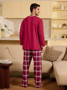 Velminro New Year Red Solid Color Crew Neck Long Sleeve Top And Plaid Print Long Pants Set Men Long Pants Set Men Pajama Set - Red - View 2