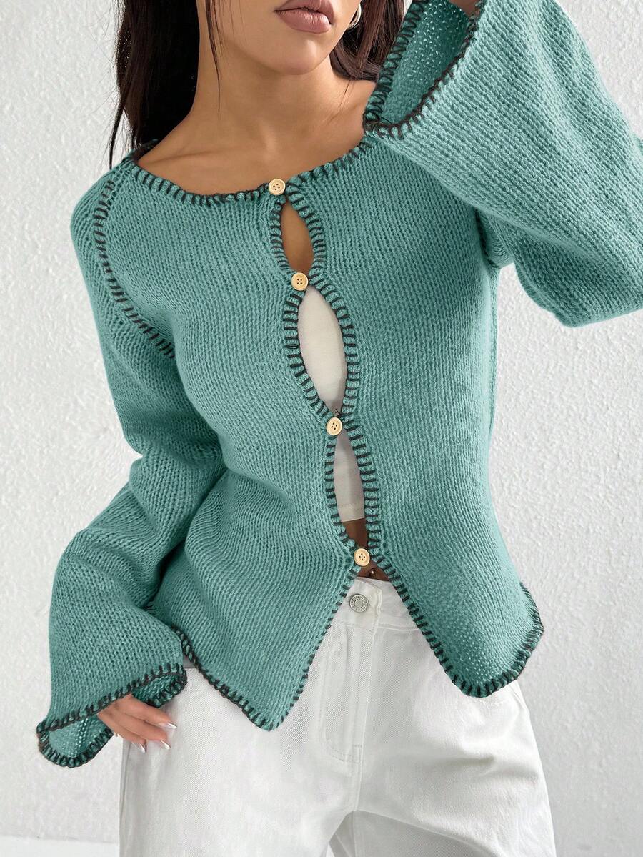 Flirla Áo khoác cardigan dài tay nữ màu trơn, cài nút, khoét lỗ, kiểu dáng thường ngày. - Màu xanh lá cây đậm - Xem 1