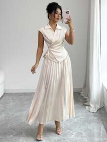 Gloray Sommer Neuer Eleganter V-Ausschnitt Rüschen Wickel Binden Damen Bluse Rüschen Kragen Bindeband Ärmellos Top + Plissee A-Linie Rock 2-teiliges Set, Apricot, Popeline Stoff, Business Lady Anzug, Hochzeitsgast Outfit für Frauen - Aprikosenfarben - Übersicht 8
