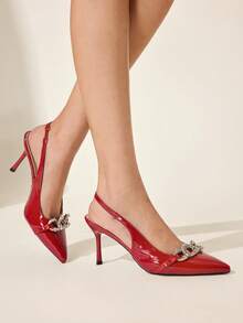 CUCCOO CHICEST Women's Pointed Toe Rhinestone Decor Everyday Versatile Fashion High Heels Valentine's Day - Red - View 6