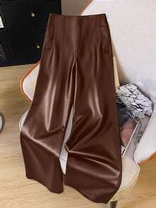 GlowEve CURVE 大码女式弹力PU皮革锥形裤，时尚简约 - 棕色 - 查看 7