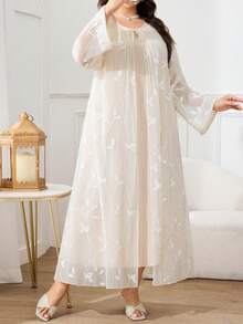 Al Najma 大码女式纯色刺绣优雅长袖阿拉伯风长裙