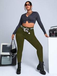SHEIN ICON Jeans casuales y versátiles de talla grande, unicolor, con bolsillo en ángulo y silueta ajustada - Verde militar - Ver 6