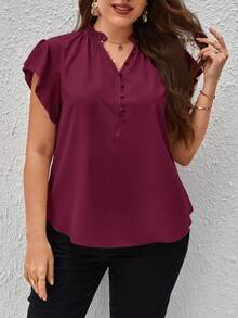 SHEIN Privé 大码休闲舒适通勤纯色荷叶边衬衫 - 中紫紅色 - 查看 6