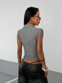 StreetHx 街头风女式条纹蕾丝边拼接短袖衬衫 - 灰色 - 查看 2