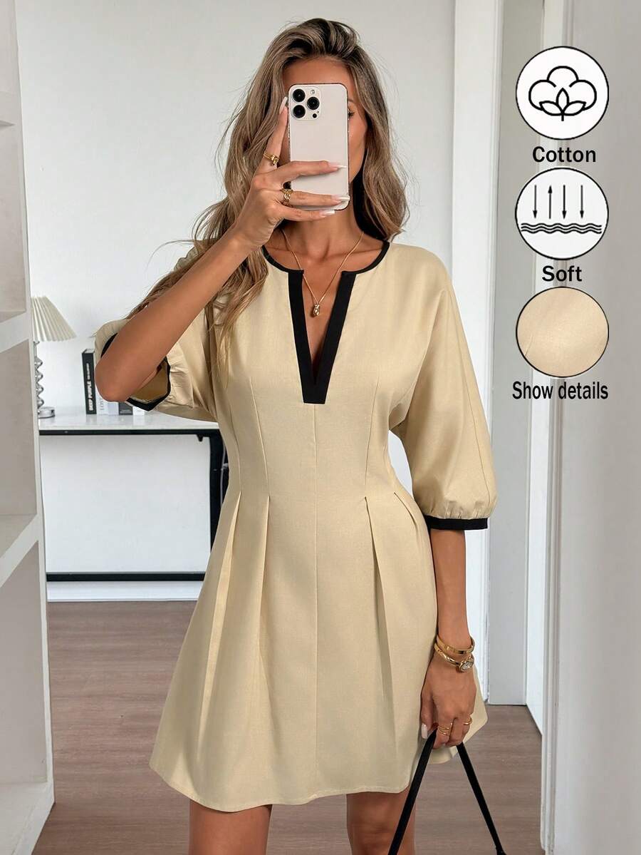 Elyressa Ladies' Elegant French Summer Short Woven Dress - Apricot - View 1