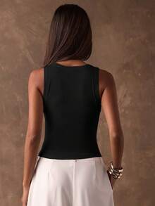 SHEIN BAE Áo tank top nữ phong cách đường phố đính đá lấp lánh, cổ tròn, ôm sát, thích hợp cho mùa hè. - màu đen - Xem 2