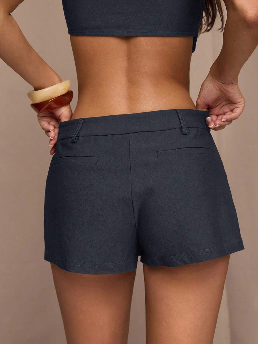 SHEIN BAE 女士休闲日常通勤纯色短裙裤,简约百搭,夏季 - 深灰色 - 查看 1