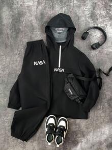 SHEIN 2 件套青少年男孩半拉链连帽夹克和慢跑裤，休闲运动风格适合通勤、上学、日常休闲、旅行、运动，羊毛加厚，适合春季、夏季、秋季、冬季