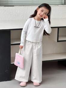 Dazy Kids 年轻女孩休闲简约纯色斜插口袋宽松阔腿牛仔裤 - 白色 - 查看 4