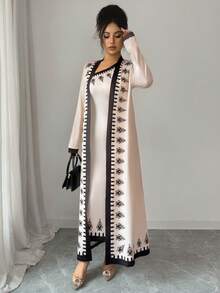 SHEIN Elenzya 2件套女士杏色花卉印花不对称肩部长款开衫和连衣裙套装 - 杏色 - 查看 4