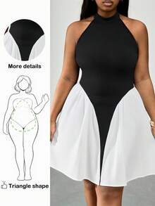 Truni Plus Size Women's Elegant Black And White Patchwork Halter Neck A-Line Dress, Summer Off-Shoulder Ruffle Waist Loose Club Dress For Party Date - Multicolor - View 1