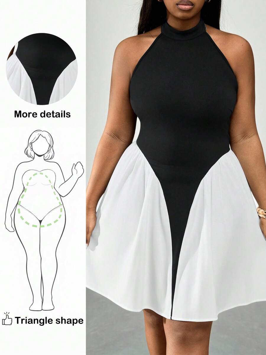 Truni Plus Size Women's Elegant Black And White Patchwork Halter Neck A-Line Dress, Summer Off-Shoulder Ruffle Waist Loose Club Dress For Party Date - Multicolor - View 1
