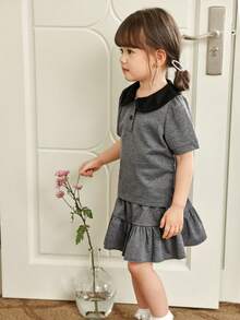 Genkimix Kids 2pcs/Set Toddler Girl Baby Collared Puff Sleeve T-Shirt And Layered Skirt, School Grey Top And Skirt Outfit
