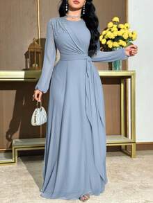 Veilorie Đầm dự tiệc cocktail phong cách Ả Rập cổ tròn thắt eo thiết kế ngọc trai giả trang trí thanh lịch cho nữ - Màu xanh lam - Xem 3
