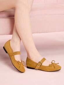 CUCCOO DOLLMOD Mocasines planos casuales con puntera redonda, suela blanda, tira de ante, bloqueo de color, decoración de remache metálico y lazo de ballet para mujer, zapatos de primavera para vacaciones de primavera y Pascua - Amarillo - Ver 4