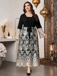 Modelyn Robe à manches longues brodée pour femmes grandes tailles, convenant pour le port quotidien et les rassemblements au printemps et à l'automne - Multicolore - Voir 3