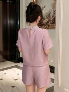 DAZY Women's Elegant Beaded Collar Blouse & Shorts 2 Pieces Set, Summer - Pink - View 2