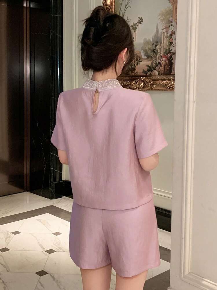 Women's Elegant Beaded Collar Blouse & Shorts 2 Pieces Set, Summer