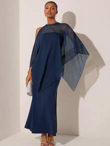 Lilora Đầm nữ màu trơn thiết kế bất đối xứng cổ shawl dáng đuôi cá thanh lịch - Màu xanh hải quân - Xem 7