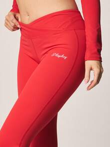 Missguided x Playboy High Waisted Red Flare Leggings With Script Logo Fitness Running Yoga Pants - Red - View 5