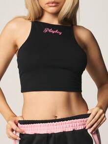 Missguided x Playboy Top sin mangas con diseño de logo bordado, top corto casual de verano - Negro - Ver 1