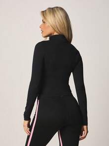 Missguided x Playboy Women's Zip Neck Athletic Track Top Quarter Zip Pullover Long Sleeve Fitted Training Sweatshirt With Pink Accent Stripe - Black - View 2