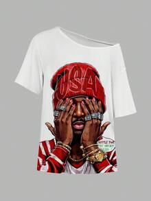 SHEIN EZwear 女士休闲简约黑色印花露肩宽松短袖T恤 - 彩色 - 查看 3