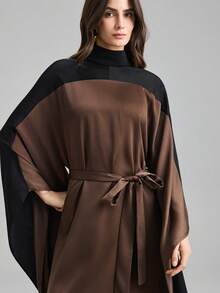 Ontre 2026 Spring/Summer New Brown & Black Contrast Belt Maxi Flare Dress, Suitable For Modern Urban Party, Back To School Season, Casual Minimalist Fashion, Bohemian Style, Vacation, Festivals, Spring, Valentine's Day & Carnival Outfits, Elegant Beach Party - Coffee - View 7