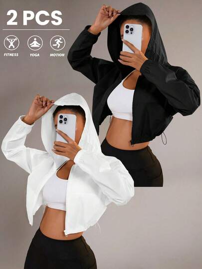 Velisys 纯色连帽拉链抽绳下摆长袖运动夹克