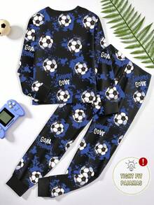 2 Piece Sets  Tween Boys Snug Fit Pajamas, Graphic Football Print Long Sleeve Top And Long Pants, Spring/Autumn Boys Pajama Set For 10 Year Boys Football Pajamas Boys 2 Pcs Set Boys Pajama Set - Blue - View 2