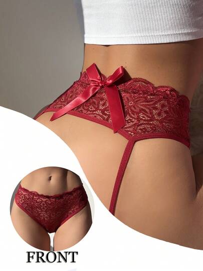 性感露背纯色蕾丝拼接蝴蝶结装饰内裤