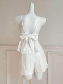 SHEIN EZwear 2件套女士梭织吊带背心和短裤套装，度假装 - 白色 - 查看 3