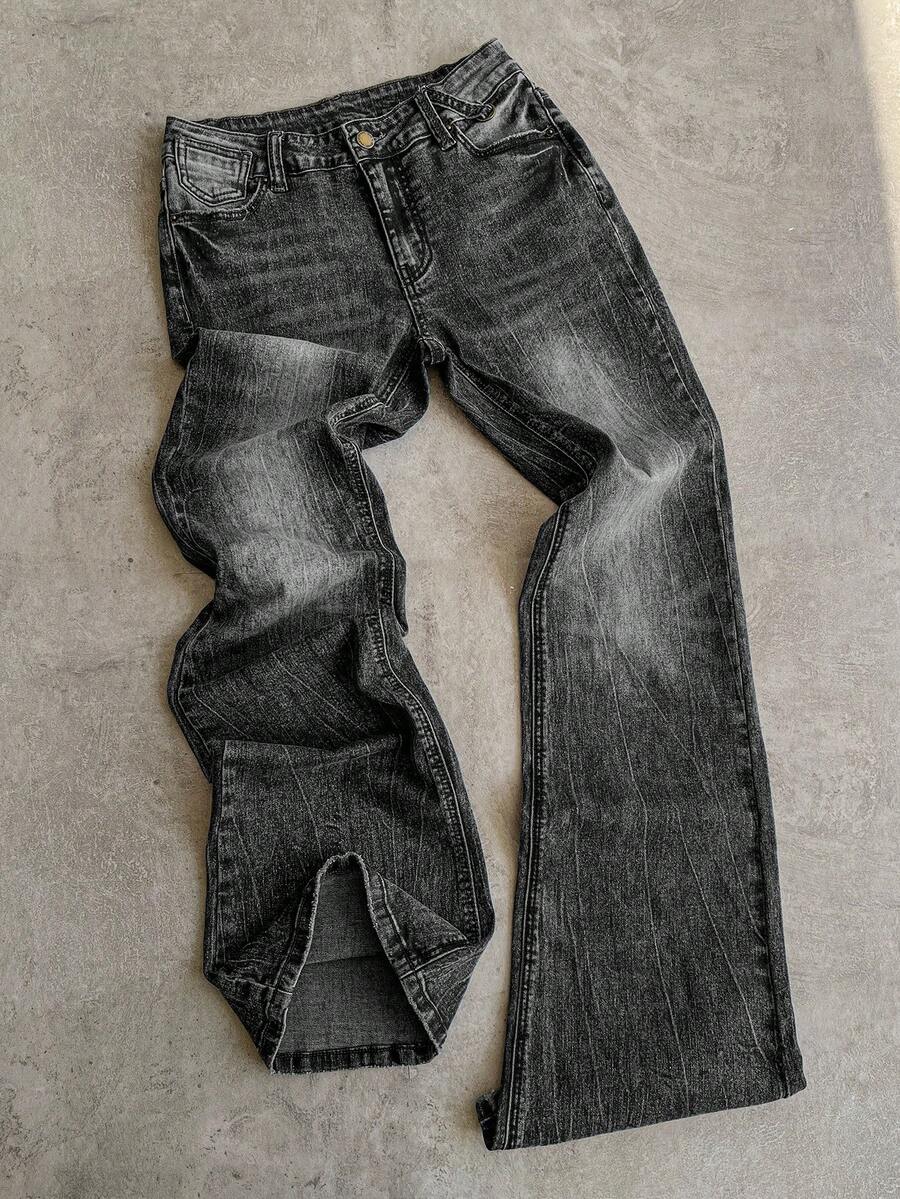 Attitoon 女士休闲日常通勤时尚破洞喇叭牛仔裤 - 黑色 - 查看 1